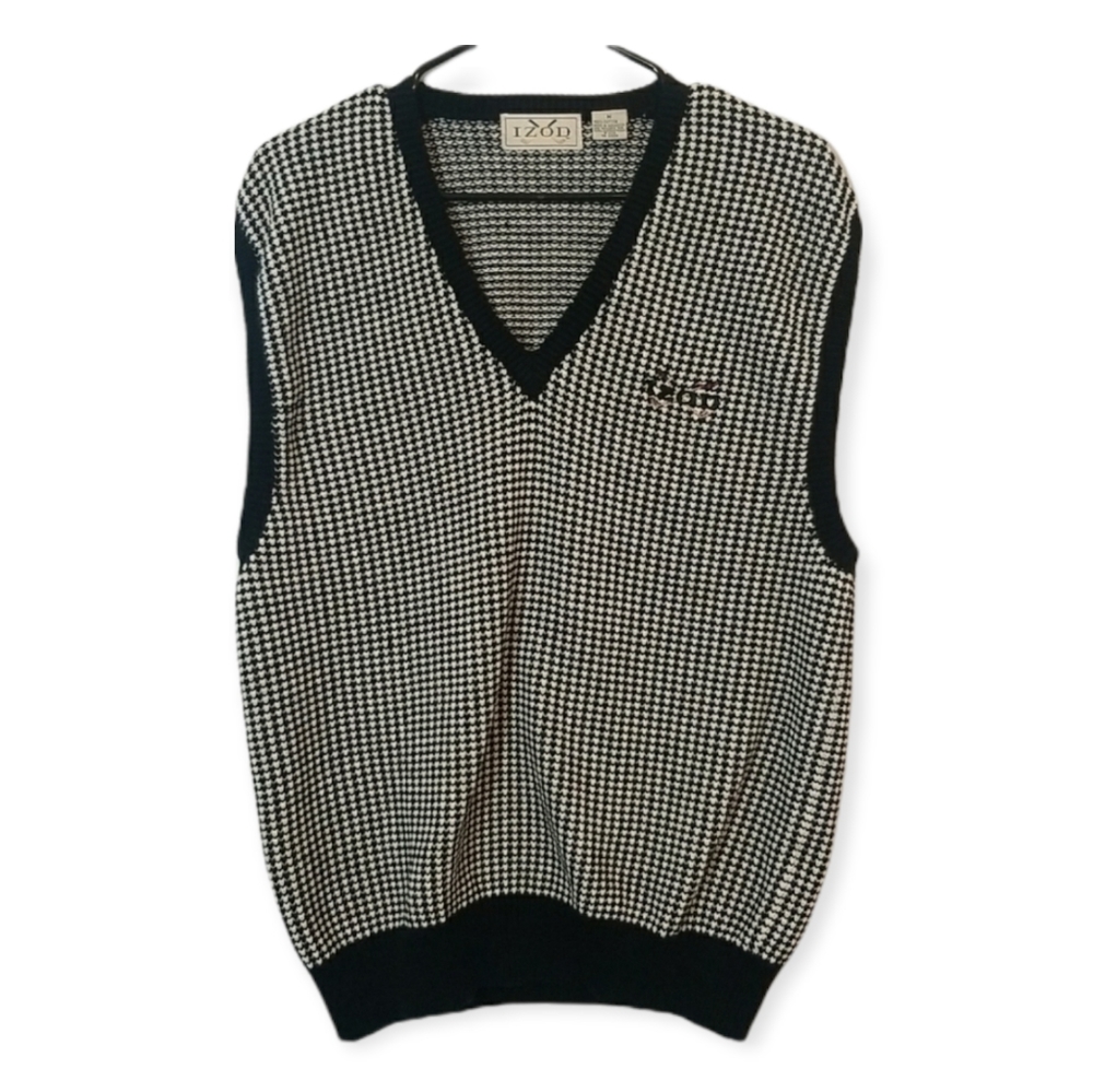 Vintage 90s Y2K Izod Black and White Knit Golf Sweater Vest V Neck Medium